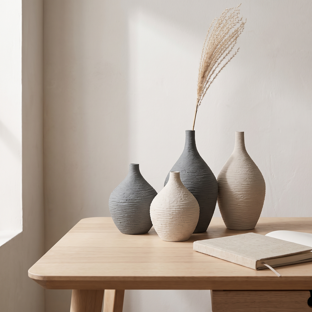 Narrow-neck ribbed ceramic vases in beige and grey on a desk