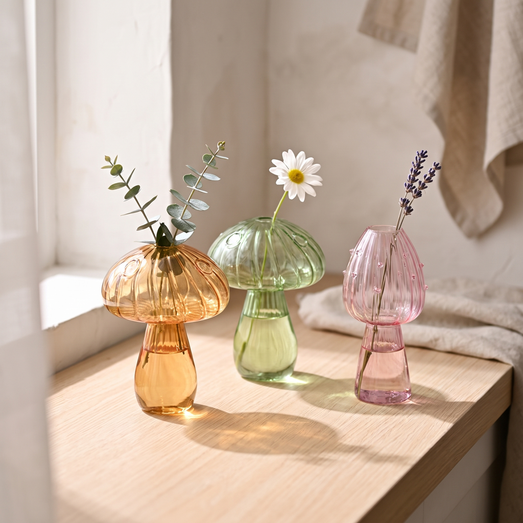 Mushroom glass bud vases in amber, green and pink on a windowsill