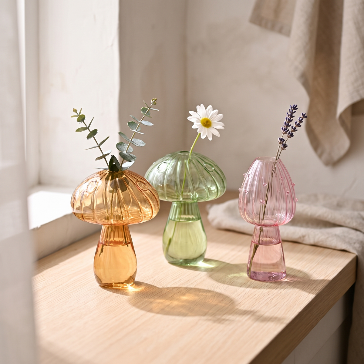 Mushroom glass bud vases in amber, green and pink on a windowsill