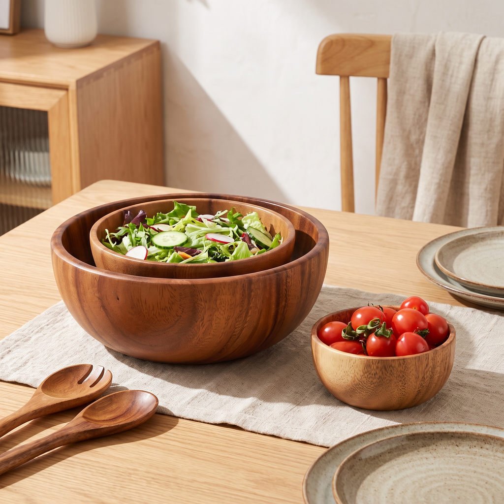 Acacia wood salad bowls on a dining table