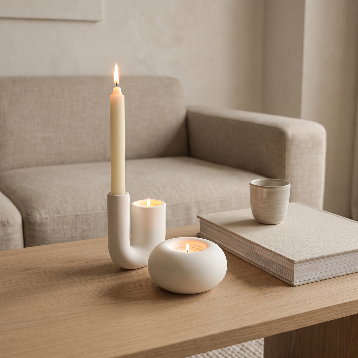 White ceramic candle holders on a coffee table