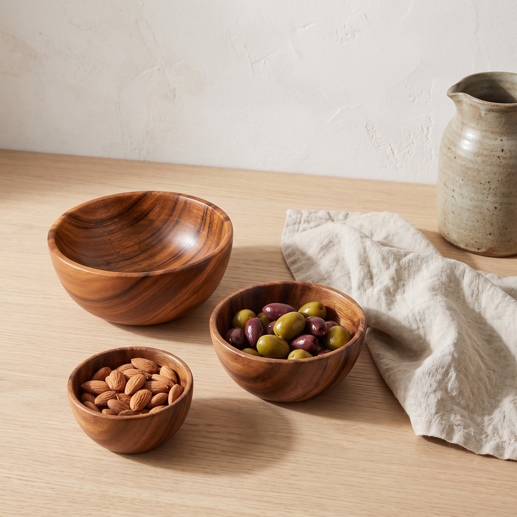 Small acacia wood serving bowls with almonds and olives