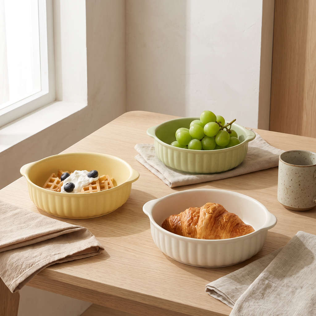 Fluted ceramic bowls with handles in cream, yellow and matcha green