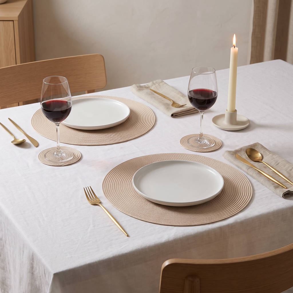 Beige braided placemats and coasters on a linen dinner table