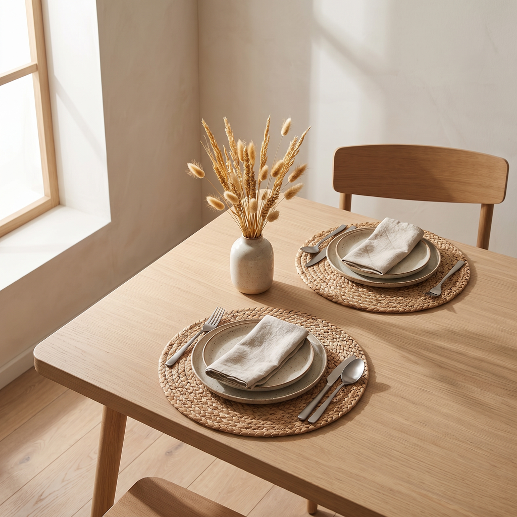 Round woven straw placemats on an oak dining table set for two