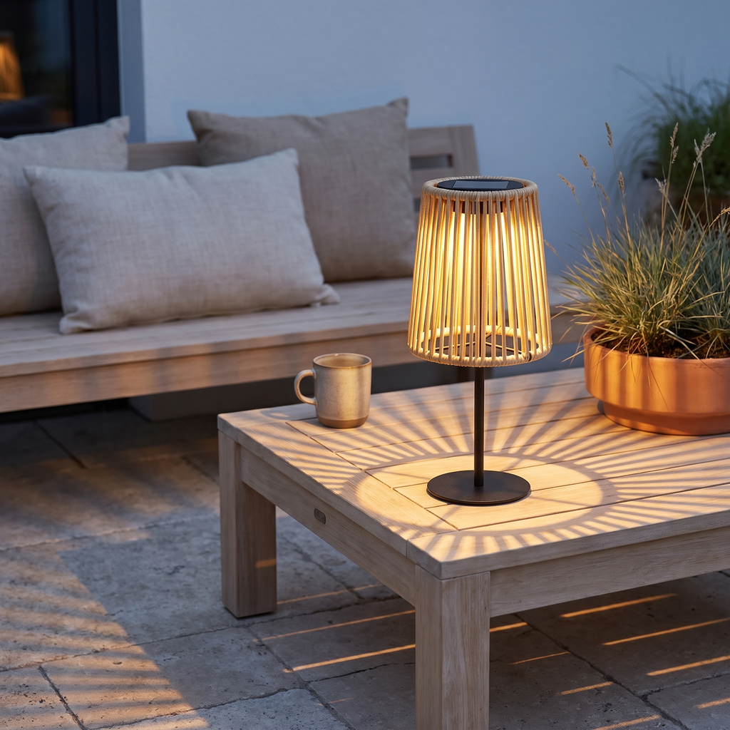 Rattan solar table lamp glowing on a patio table
