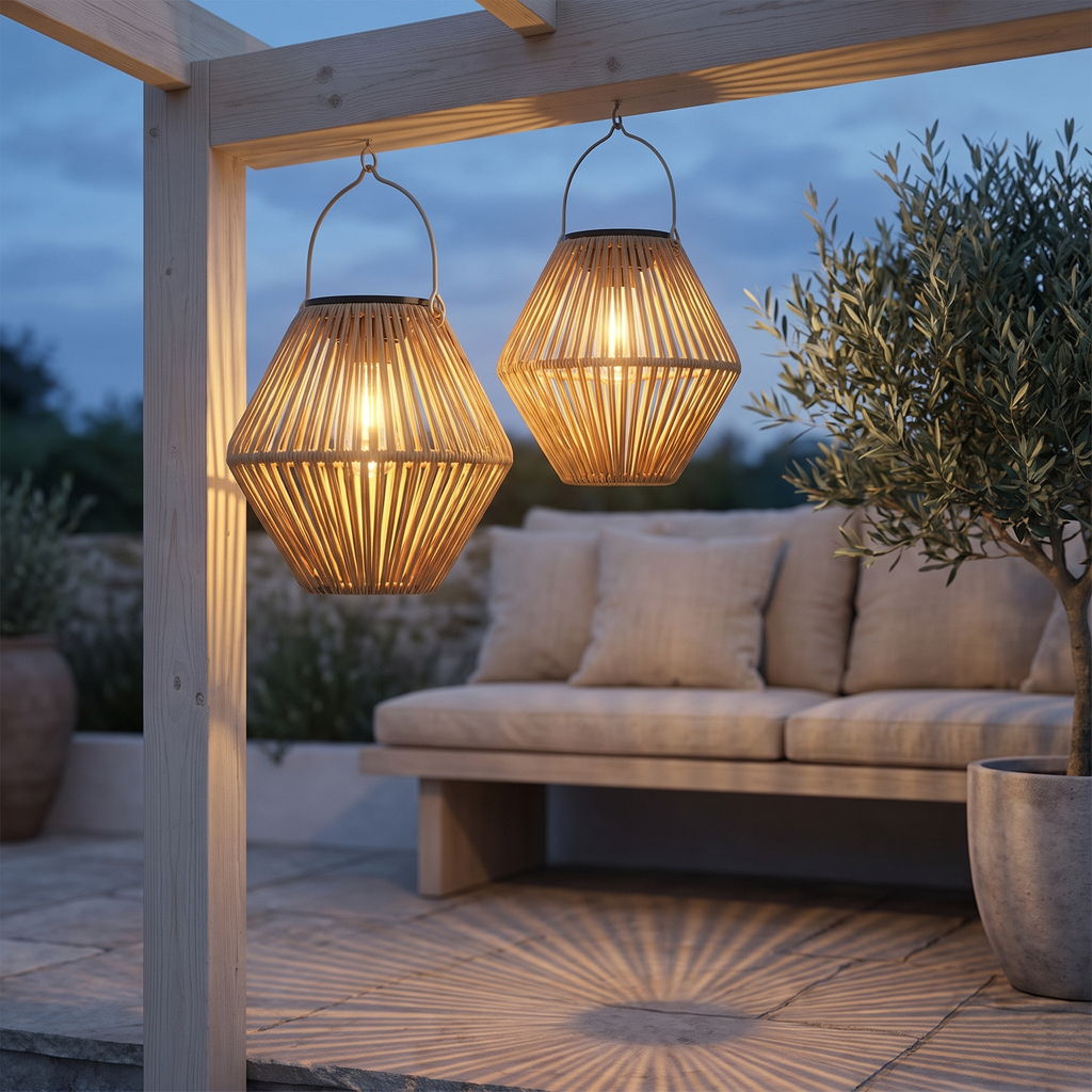 Solar rattan lanterns hanging from a pergola at dusk