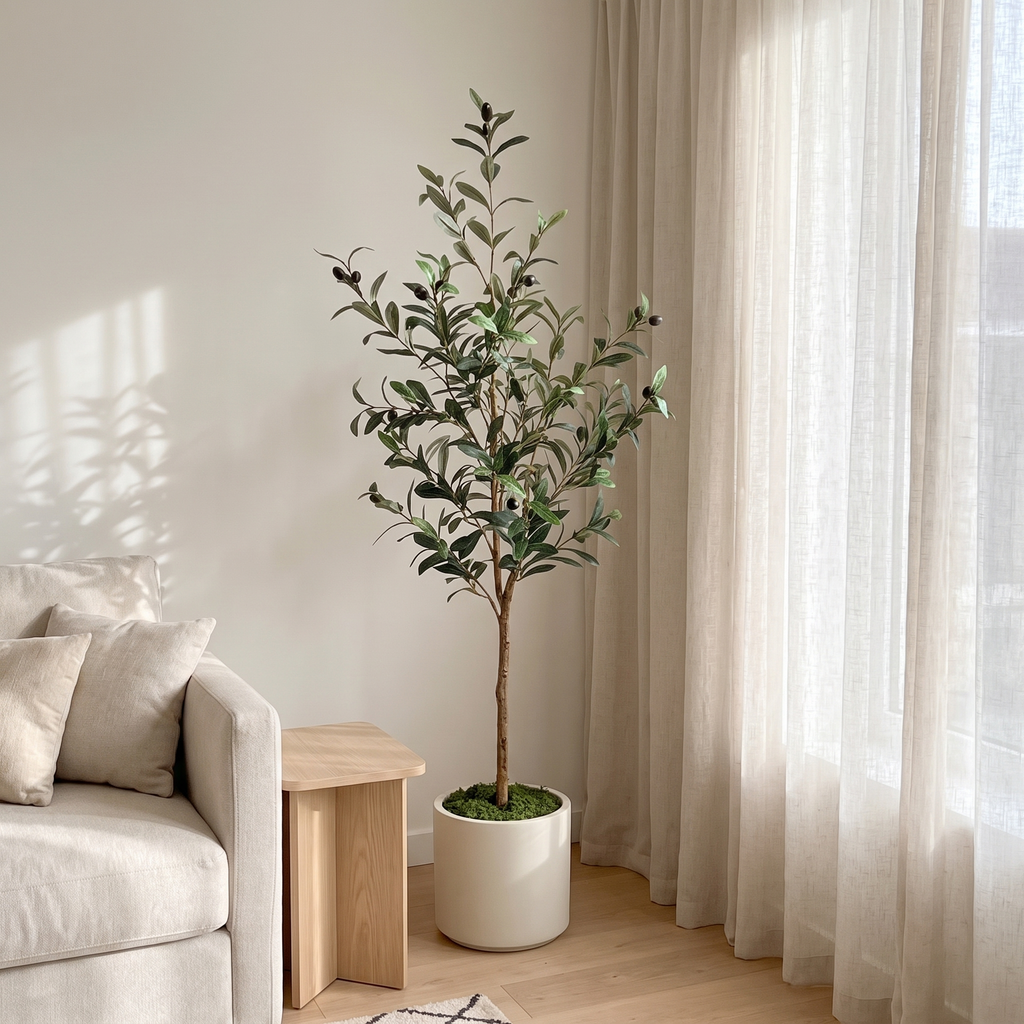 Artificial olive tree in the corner of a bright living room