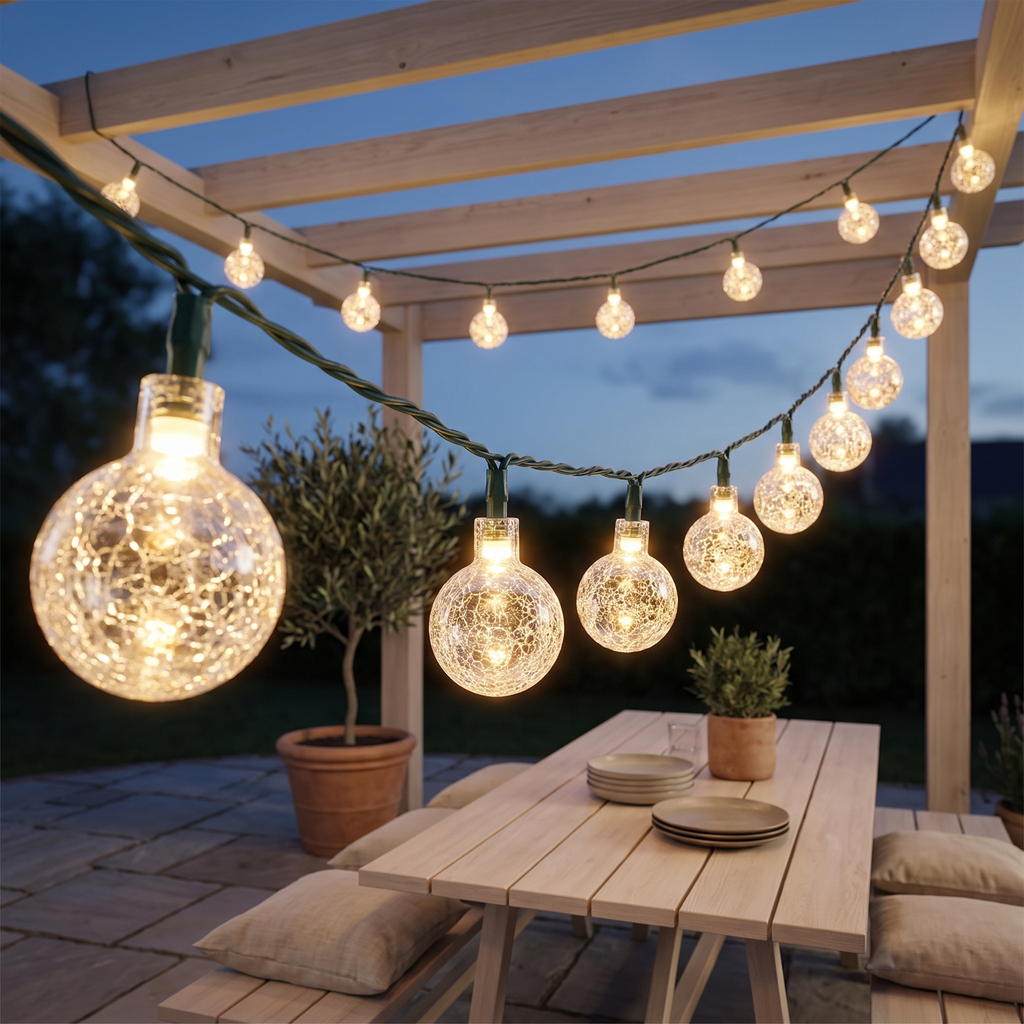 Crackle glass solar string lights across a garden pergola