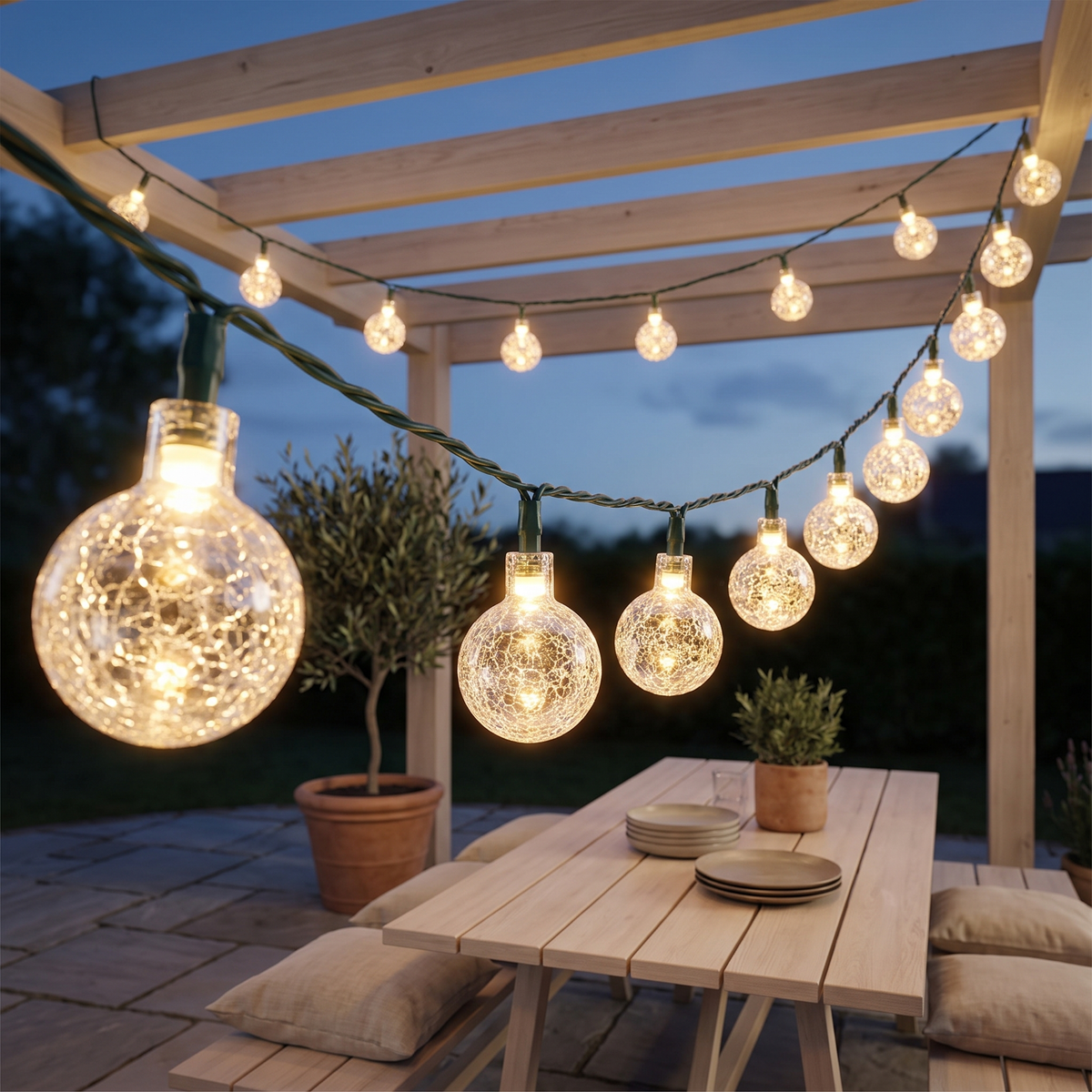 Crackle glass solar string lights across a garden pergola