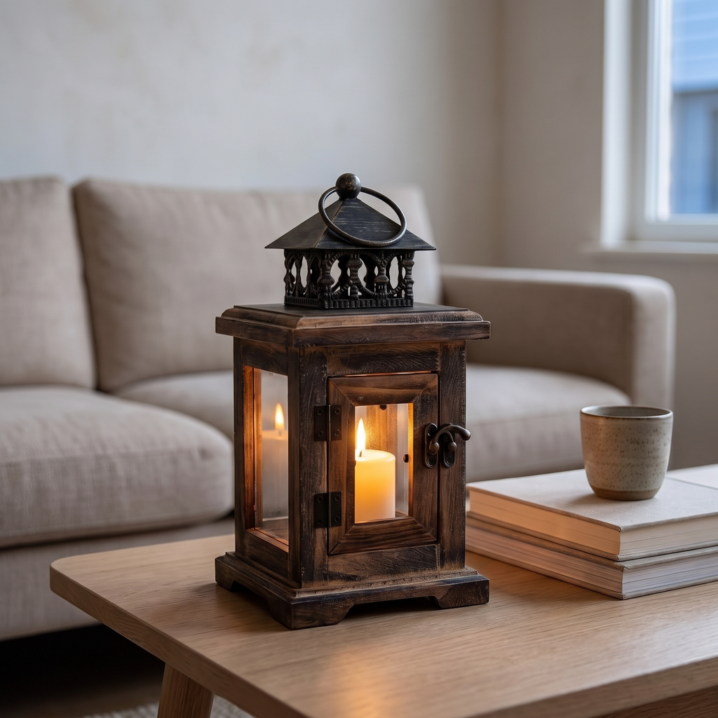 Farmhouse wooden candle lantern on a coffee table