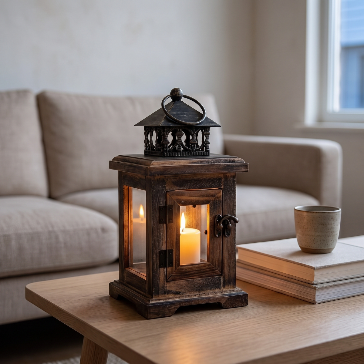 Farmhouse wooden candle lantern on a coffee table