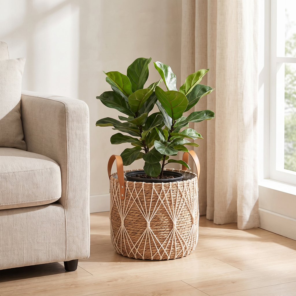 Seagrass planter basket with macrame net and handles holding a fig tree