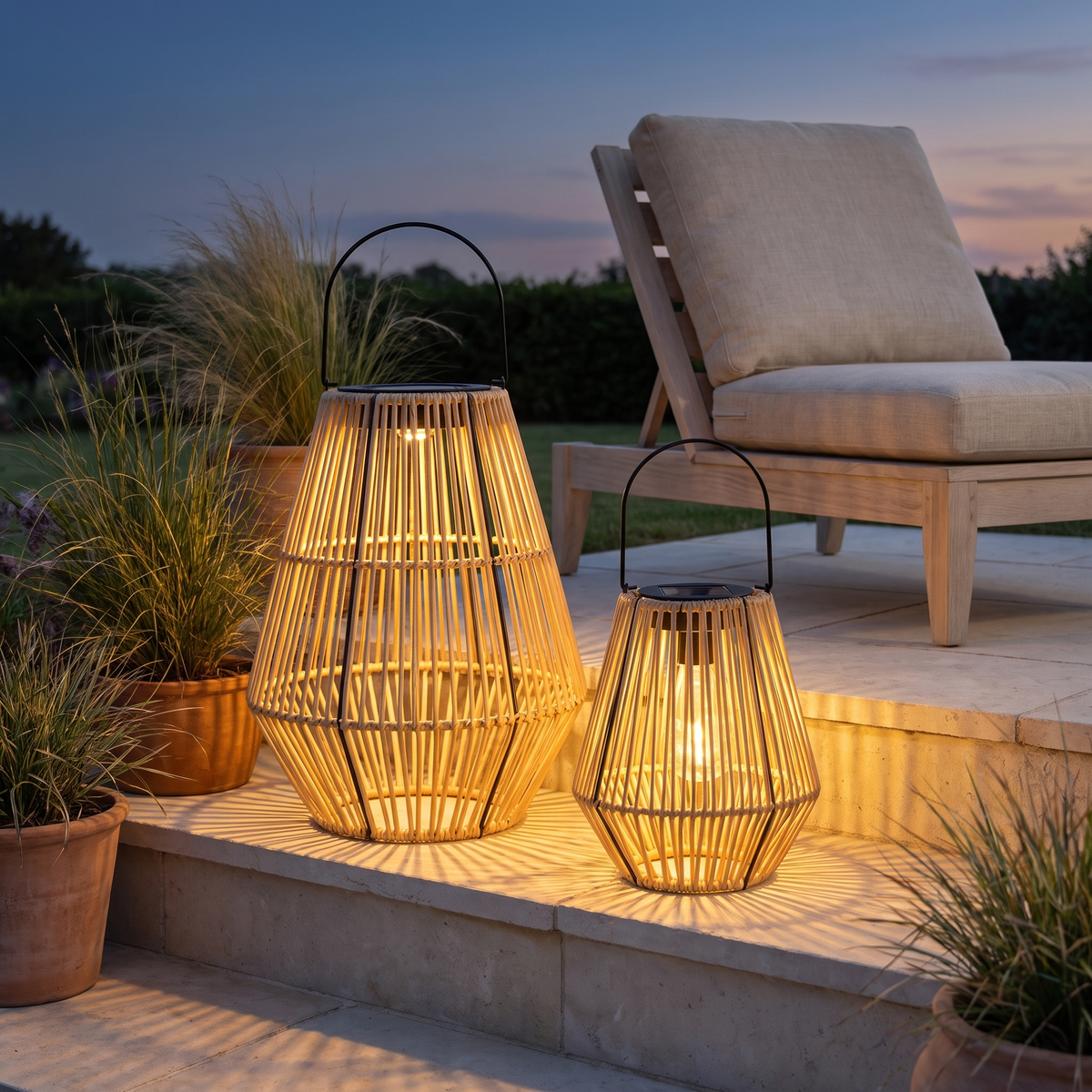 Large rattan solar lanterns glowing on patio steps at dusk