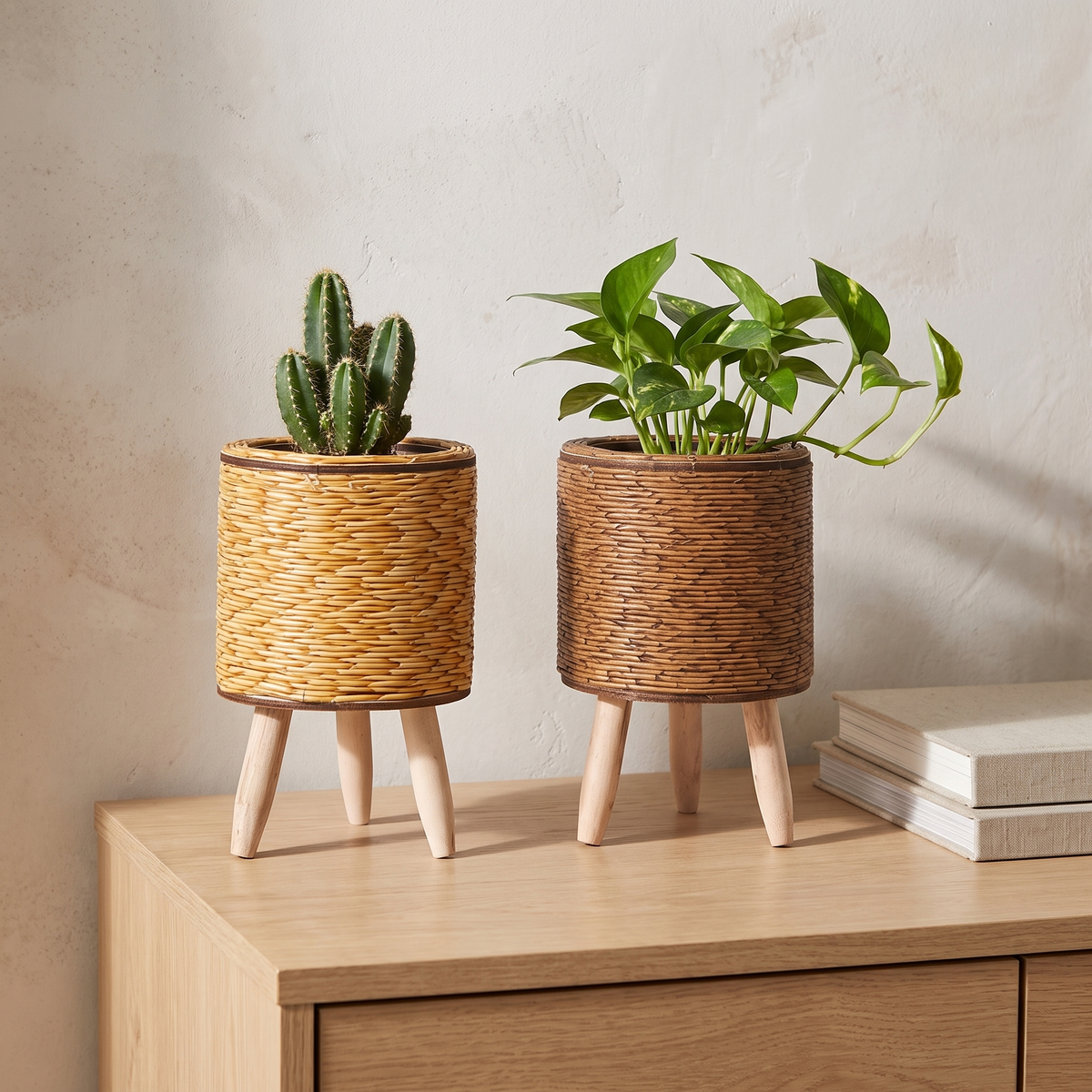 Woven plant stands with wooden legs on an oak sideboard