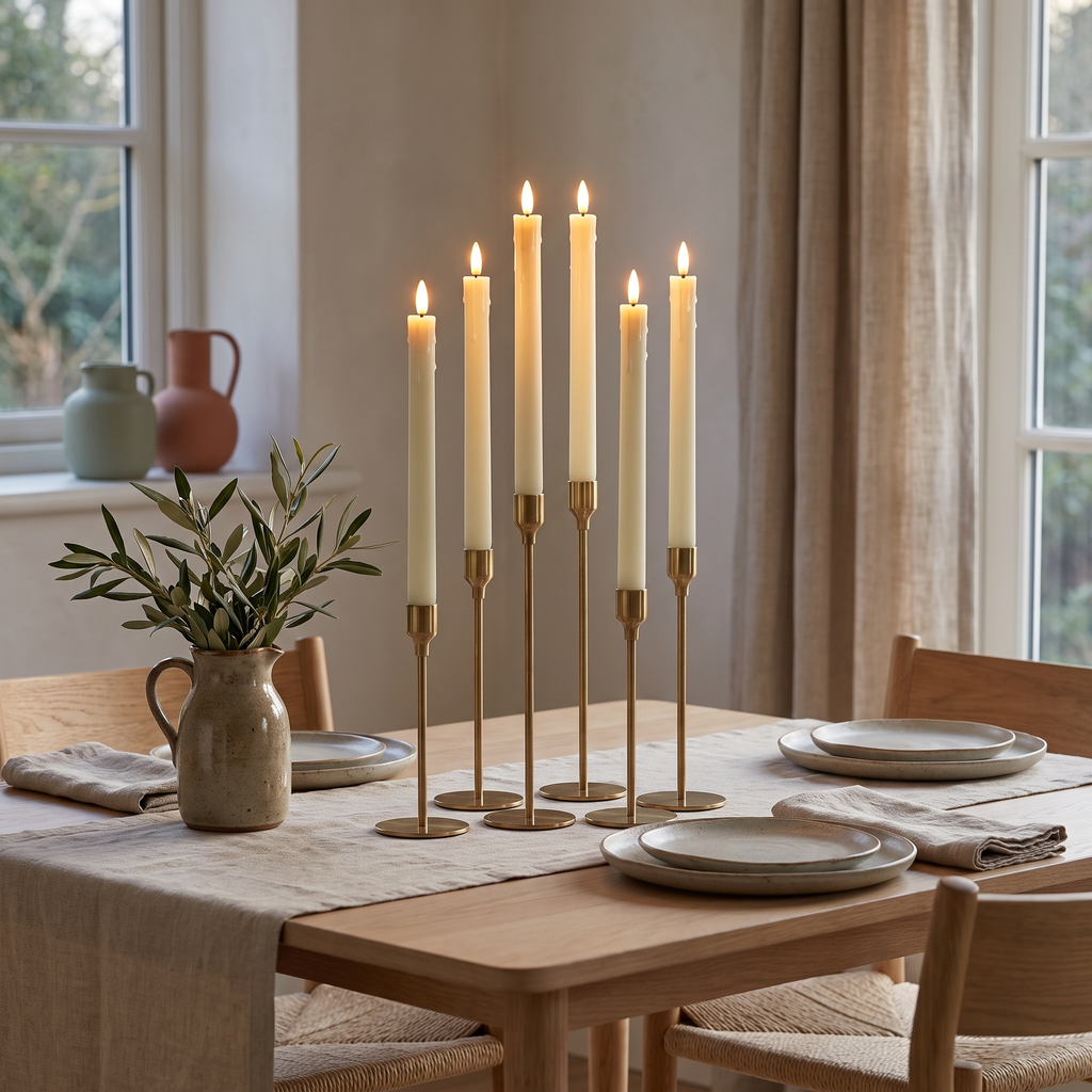 Rechargeable Flameless LED Taper Candles for Dining Table, Mantel & Window styled in a Norva home
