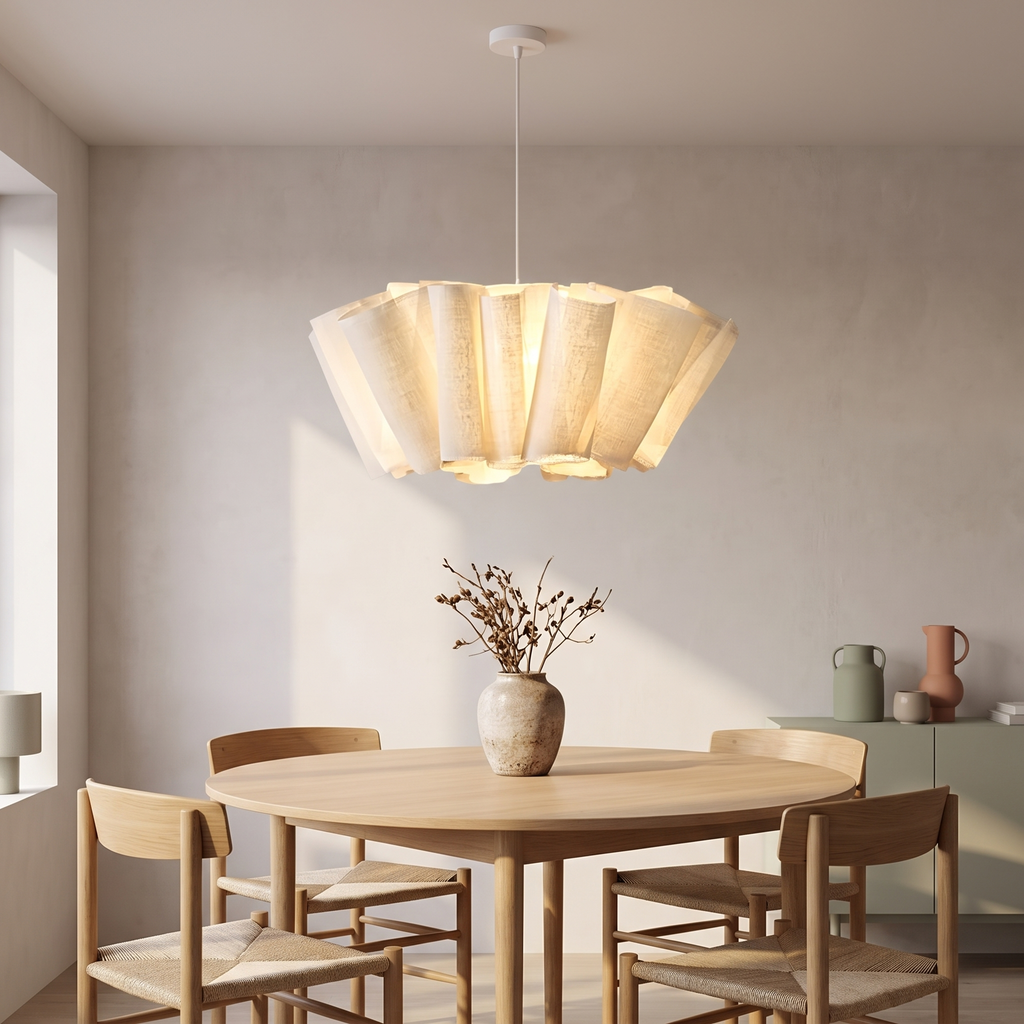 Pleated Linen Pendant Light for Bedroom, Dining Room & Living Room styled in a Norva home