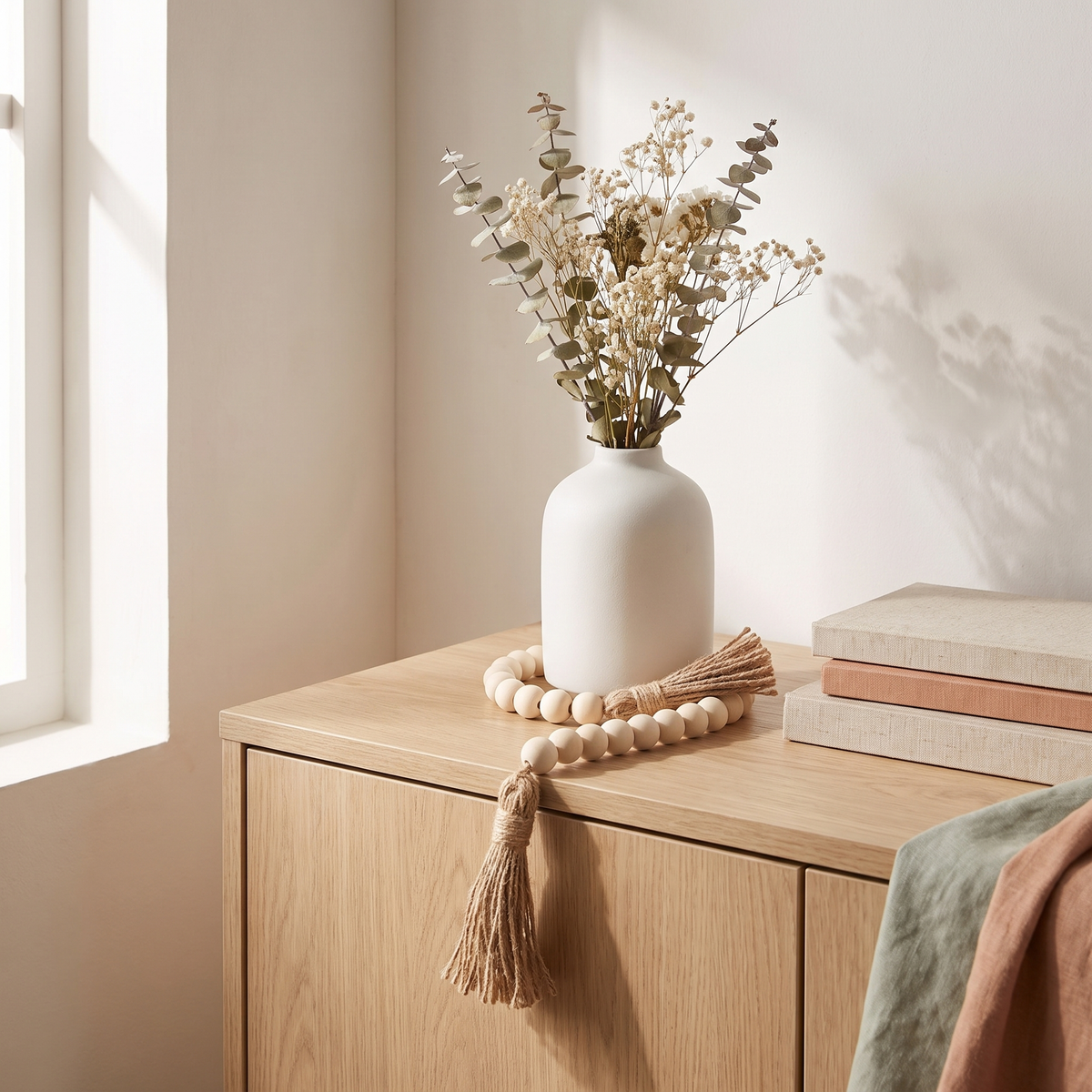 Wood Bead Garland with Jute Tassels for Shelves, Vases & Wall Hanging styled in a Norva home