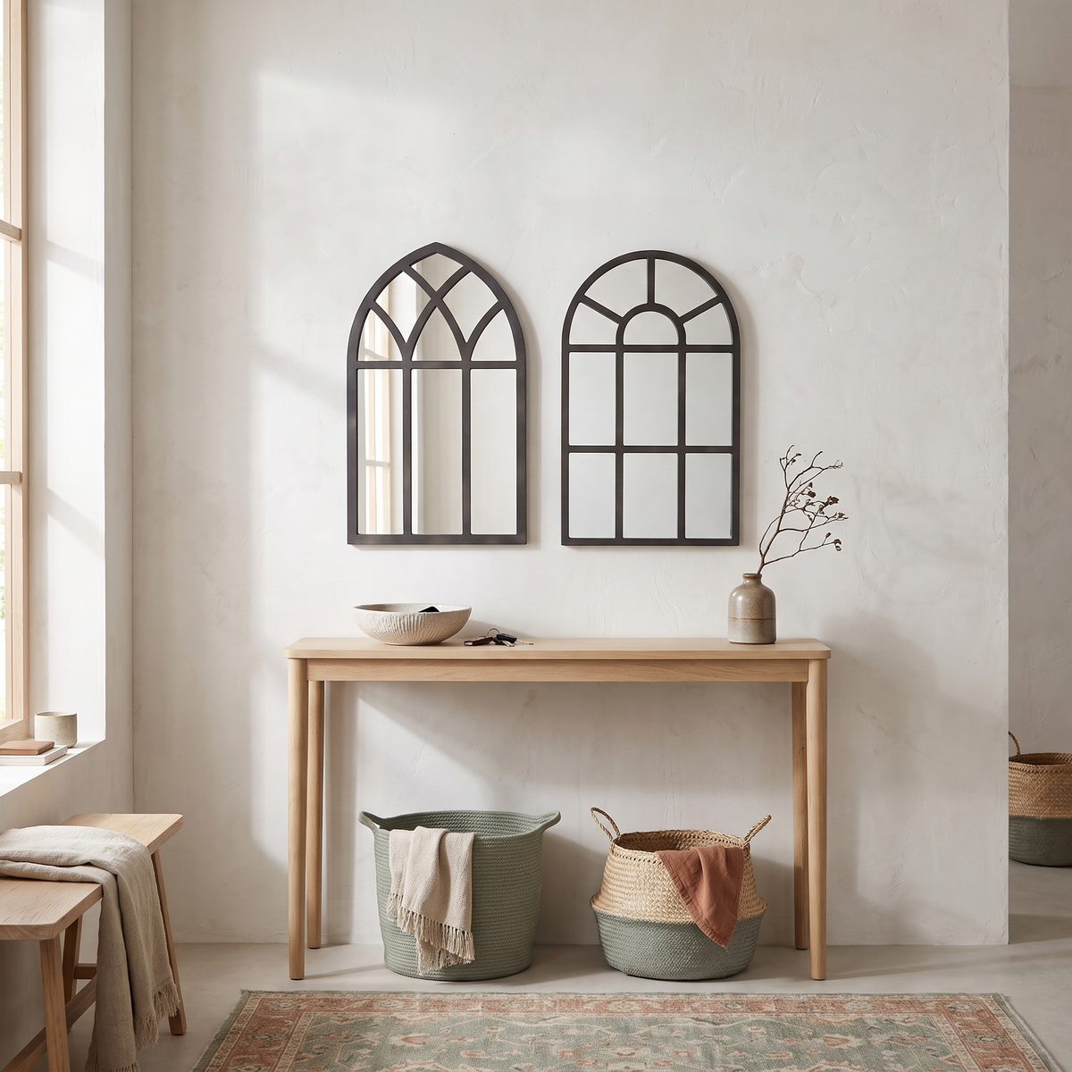 Arched Windowpane Wall Mirror for Entryway, Bathroom & Bedroom styled in a Norva home