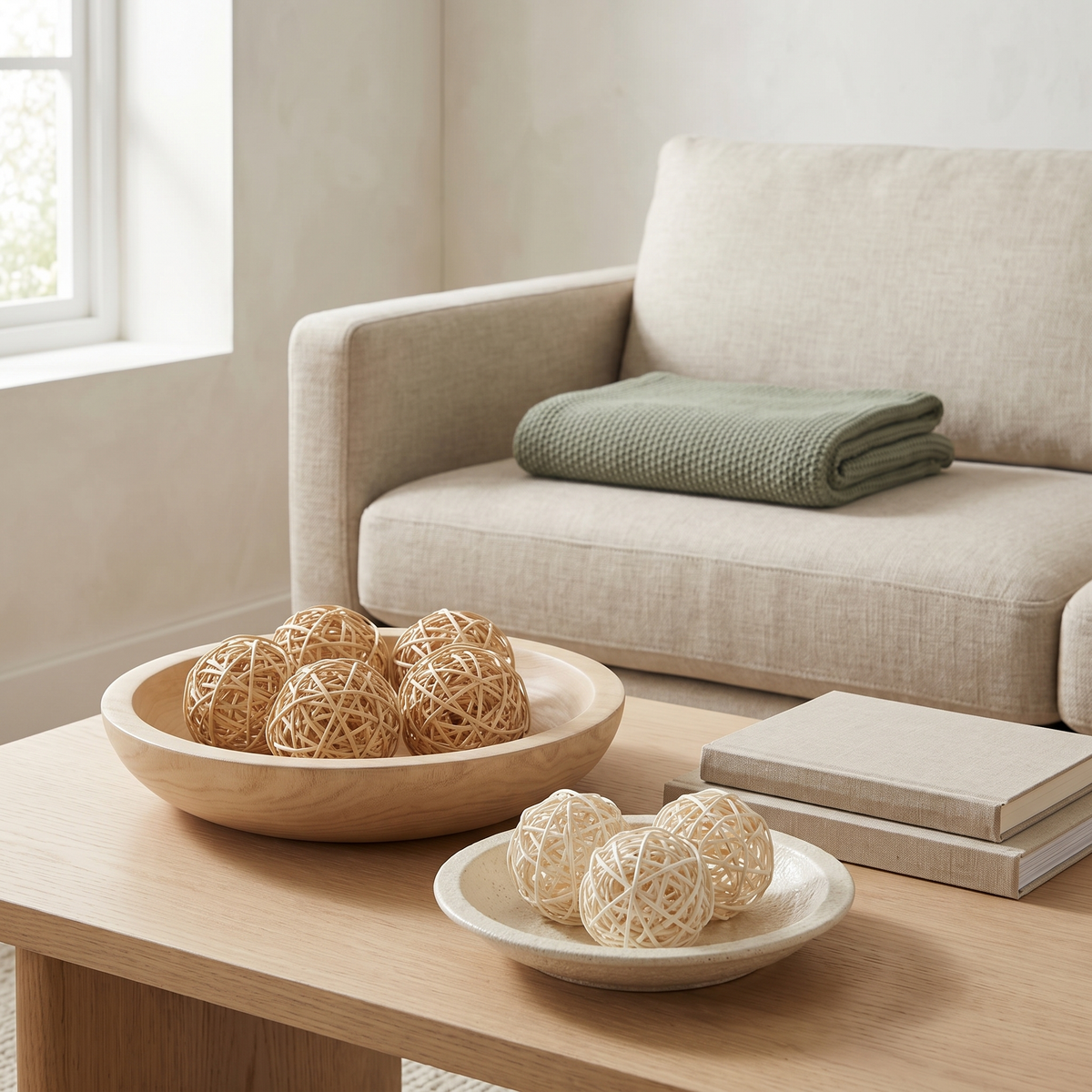 Rattan Decorative Balls Set of 5 for Bowls, Vases & Coffee Table Decor styled in a Norva home