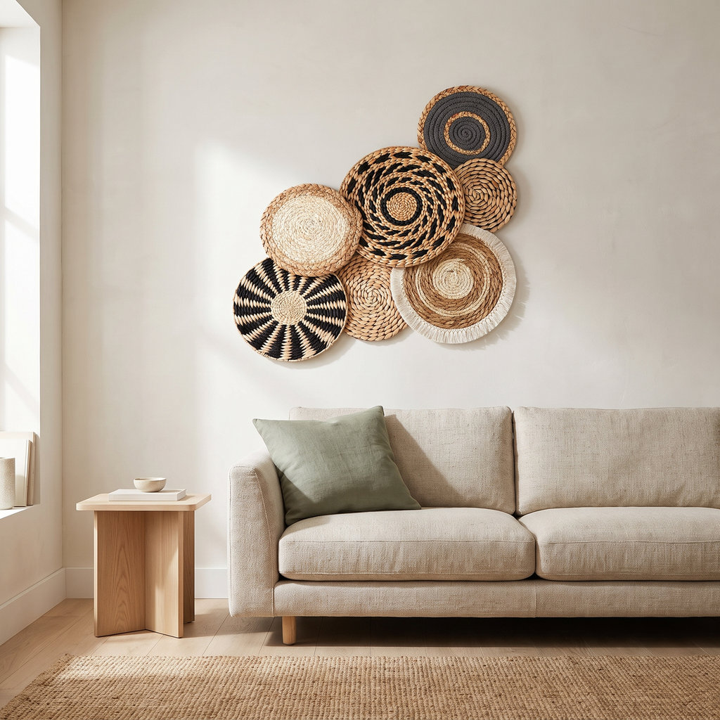 Boho Wall Basket Set of 7 for Living Room & Bedroom Wall Decor styled in a Norva home