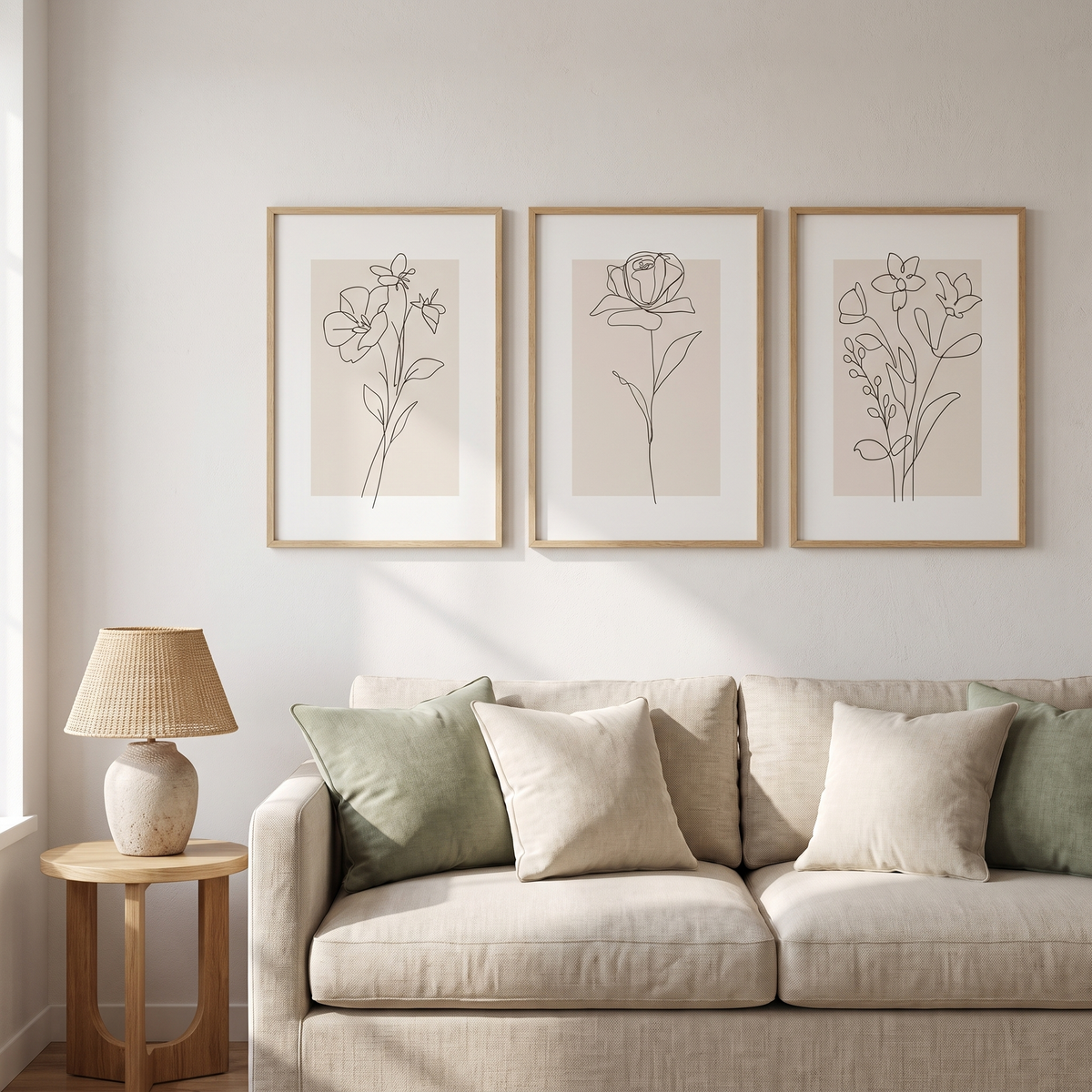 Botanical Line Art Canvas Prints for Living Room & Bedroom styled in a Norva home