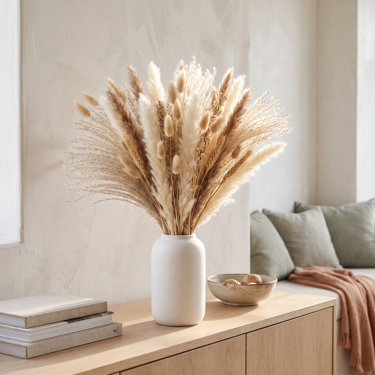 Dried Pampas Grass Bouquet for Vases, Living Room & Wedding Decor styled in a Norva home