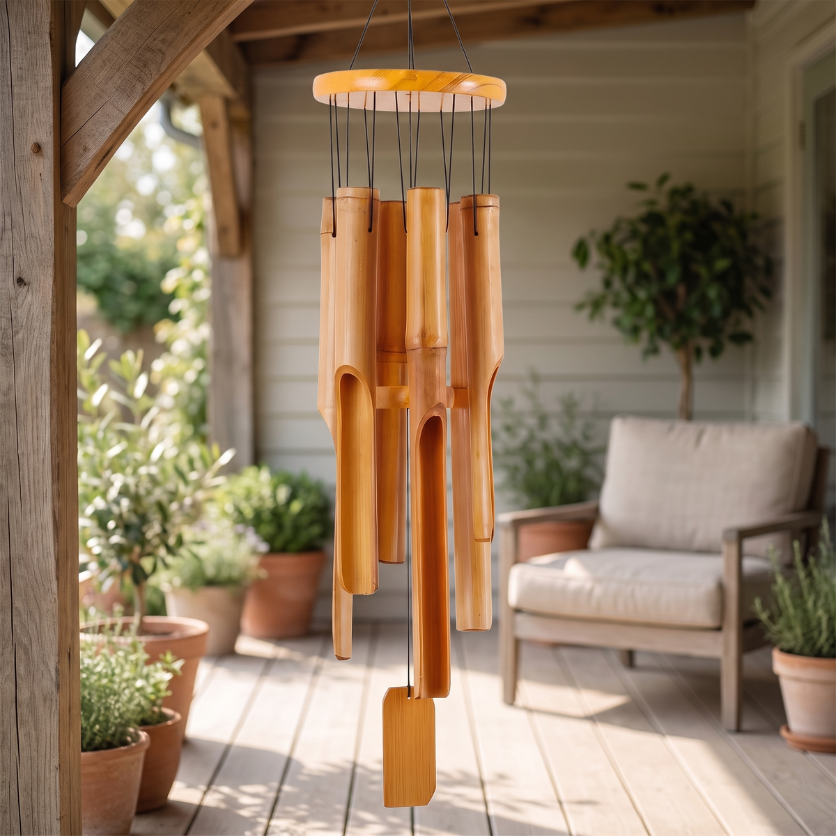 Bamboo Wind Chime for Garden, Patio & Porch styled in a Norva home