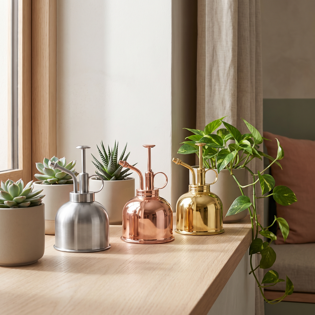 Small Watering Can for Indoor Plants, Succulents & Bonsai styled in a Norva home