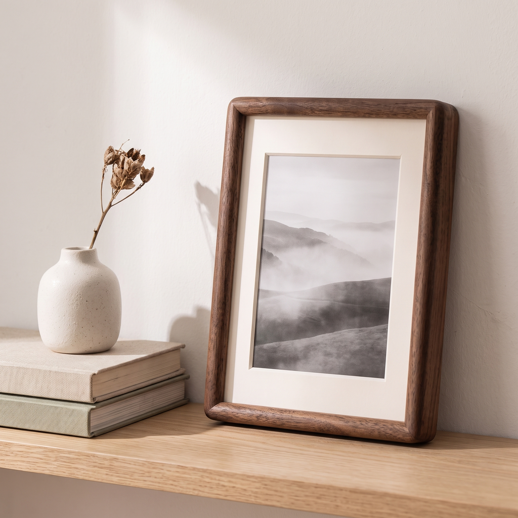 Walnut Wood Photo Frame for Desk, Shelf & Wall styled in a Norva home