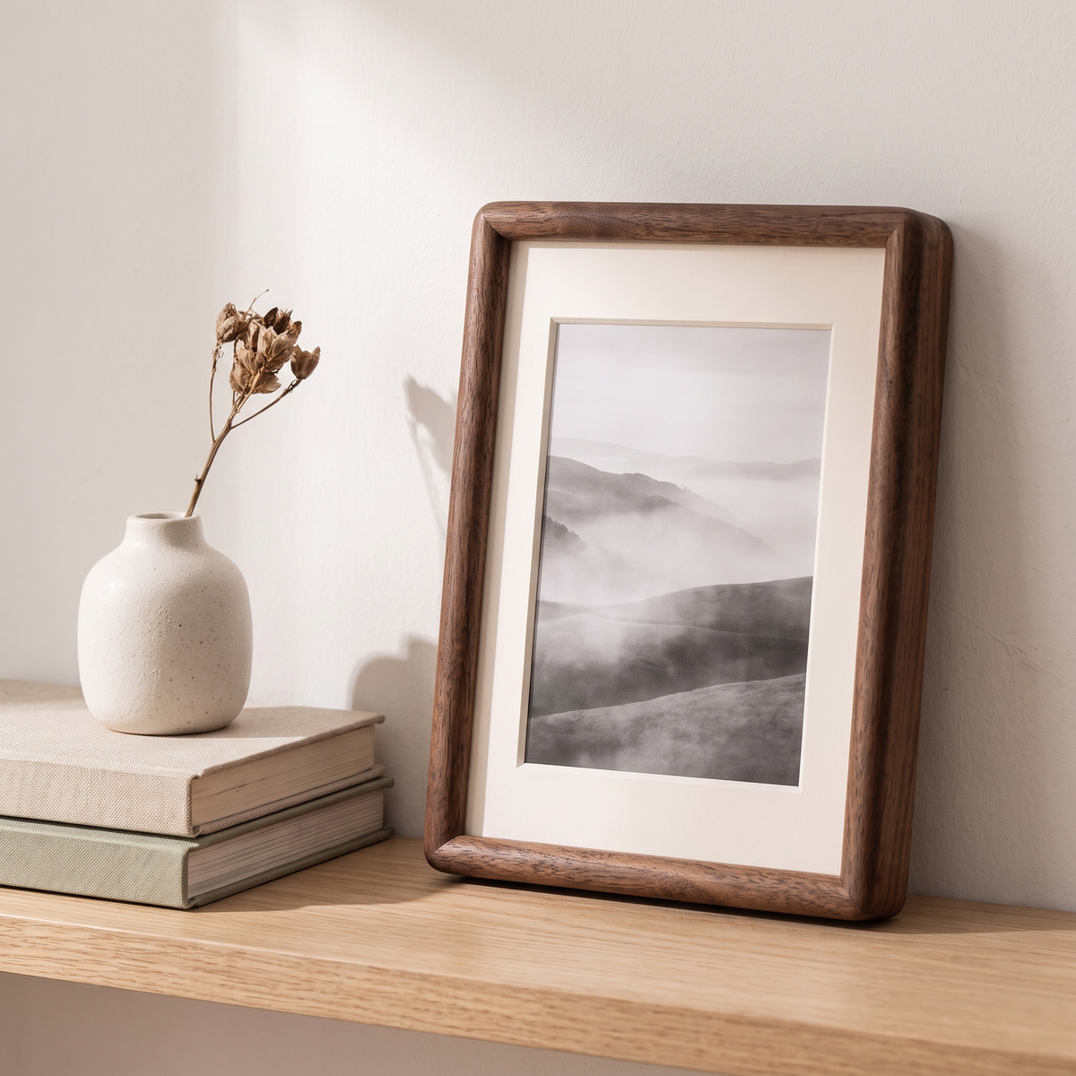Walnut Wood Photo Frame for Desk, Shelf & Wall styled in a Norva home