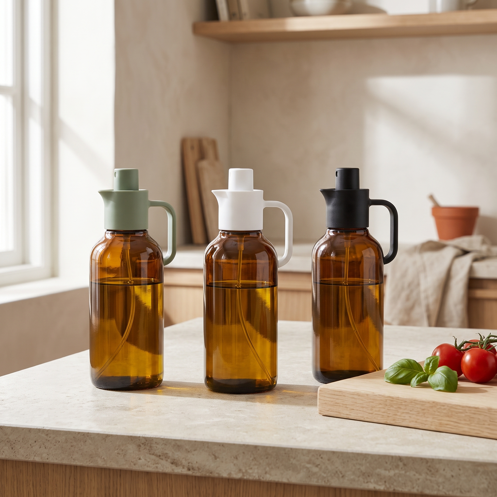 Glass Olive Oil Sprayer & Dispenser for Cooking & Air Fryer styled in a Norva home