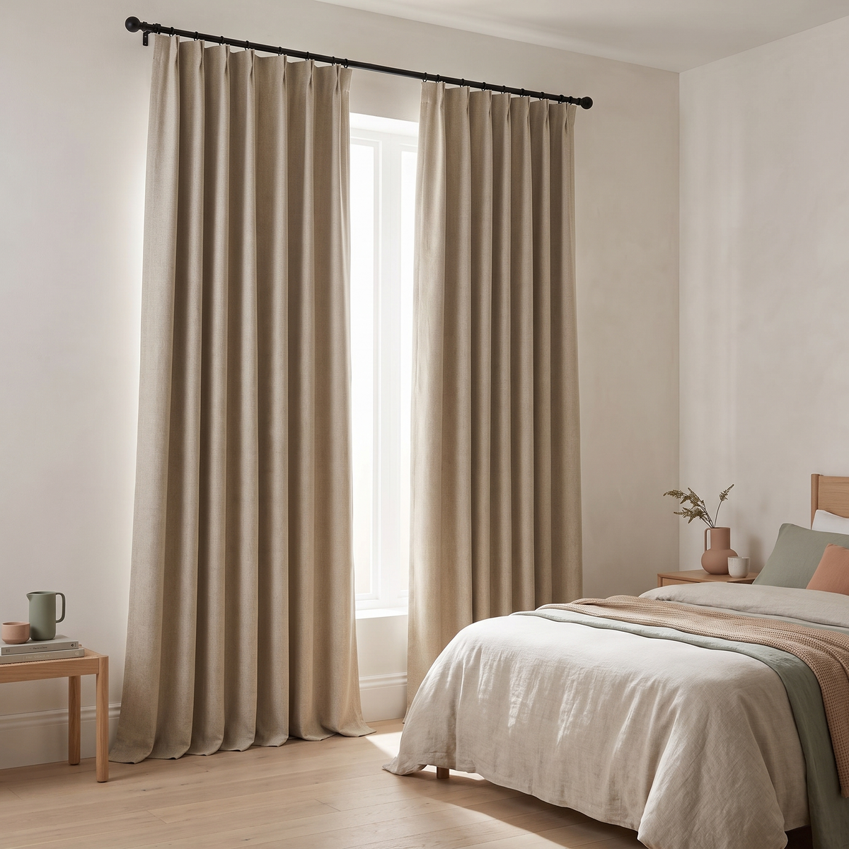 Linen Look Room Darkening Curtain for Bedroom & Living Room styled in a Norva home