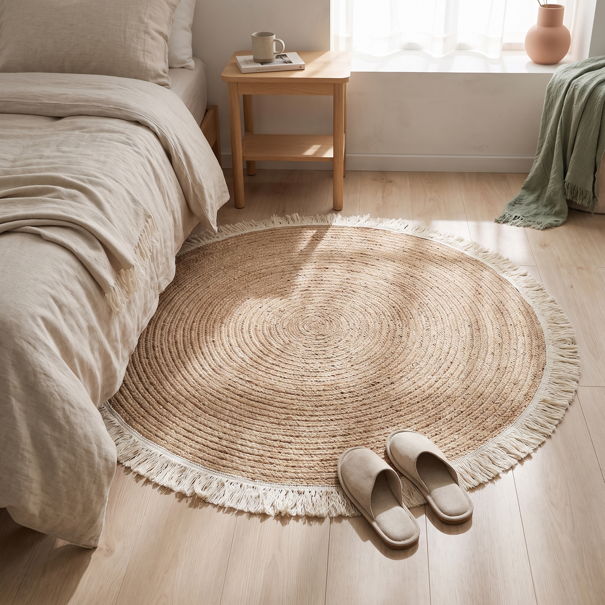 Round Woven Rug with Tassels for Bedroom & Living Room styled in a Norva home