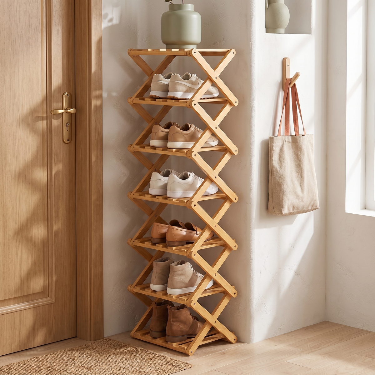 Bamboo Shoe Rack for Entryway, Closet & Hallway styled in a Norva home