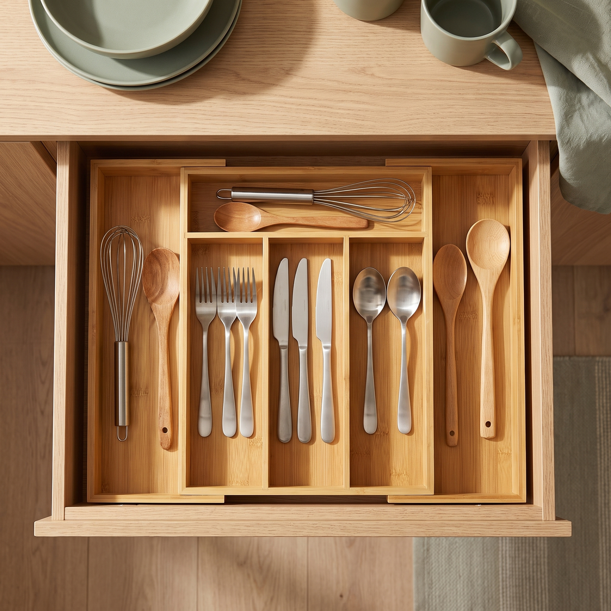 Expandable Bamboo Drawer Organiser for Kitchen Cutlery styled in a Norva home