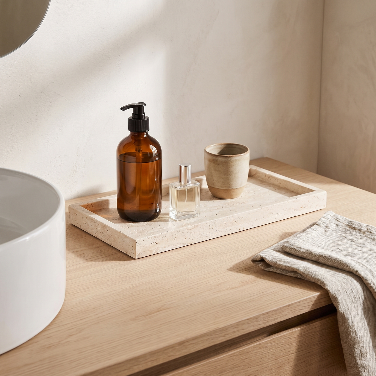 Travertine Vanity Tray for Bathroom Counter, Kitchen Sink & Dresser styled in a Norva home