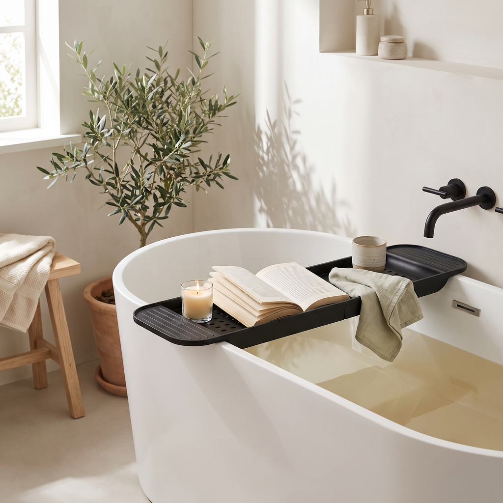 Extendable Bathtub Tray for Relaxing Baths styled in a Norva home