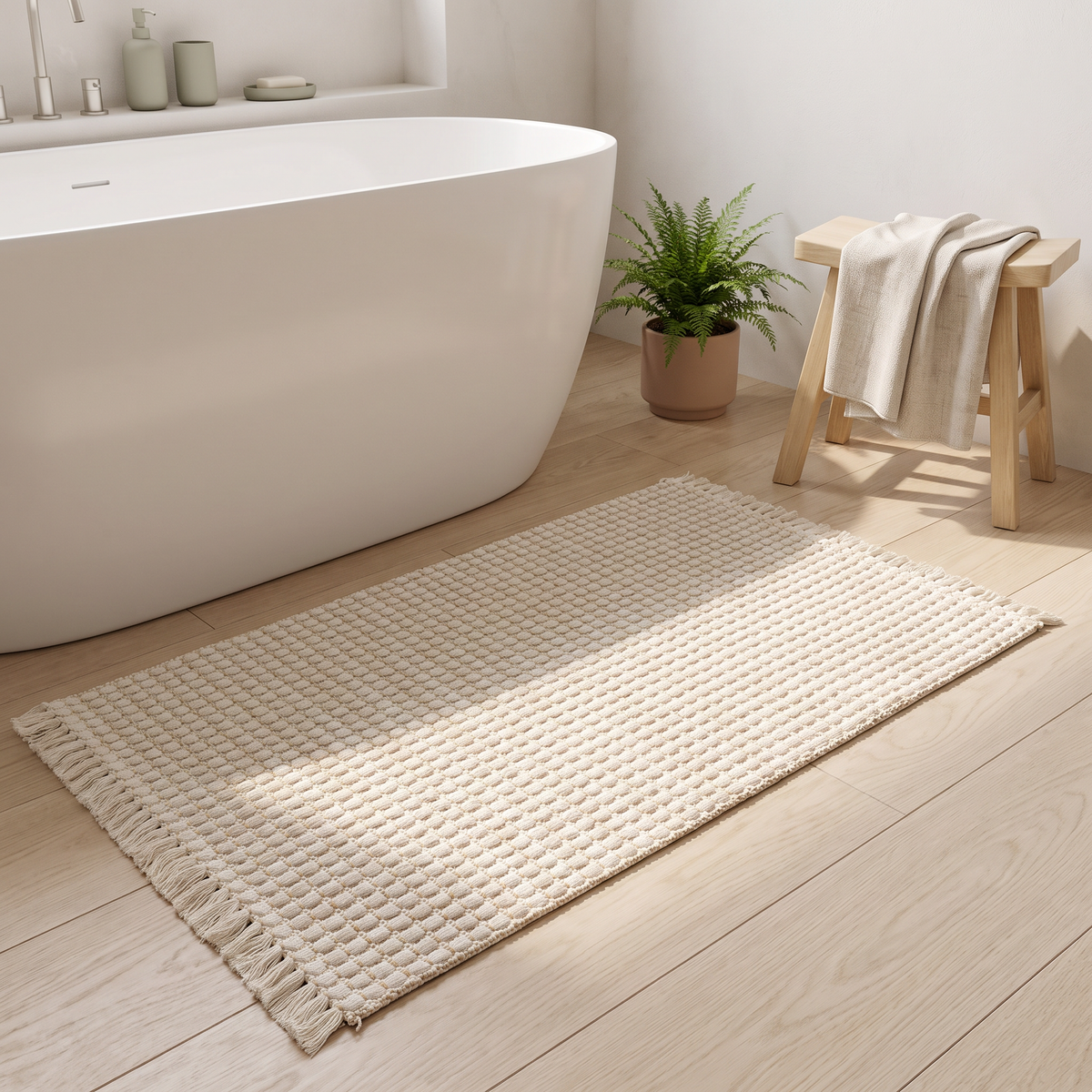 Woven tassel bath mat styled in a Norva home