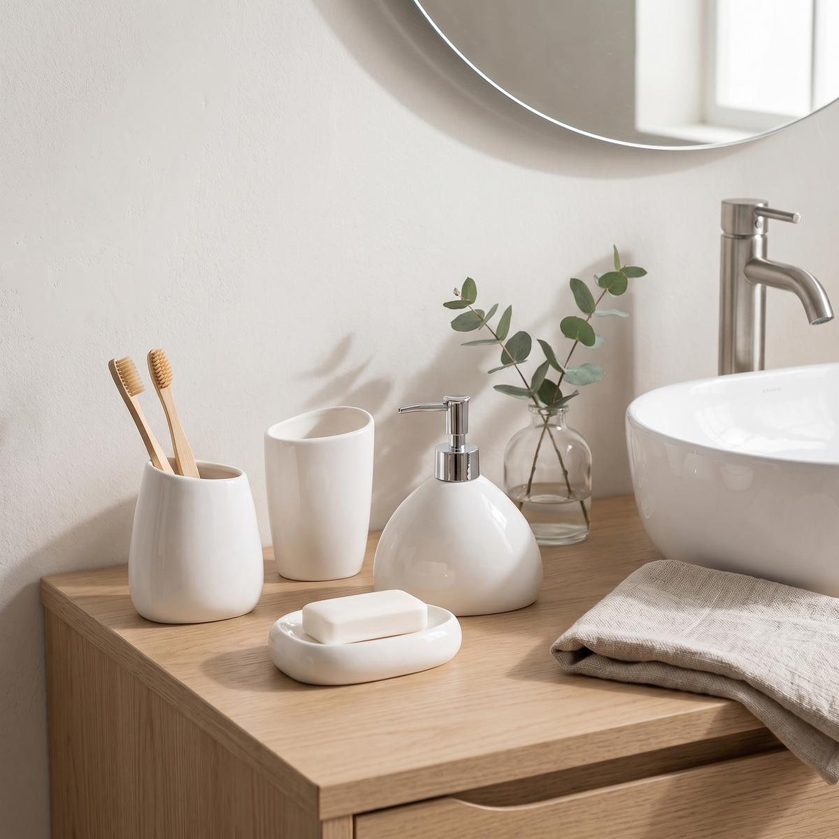 Modern white ceramic bathroom accessory set styled in a Norva home